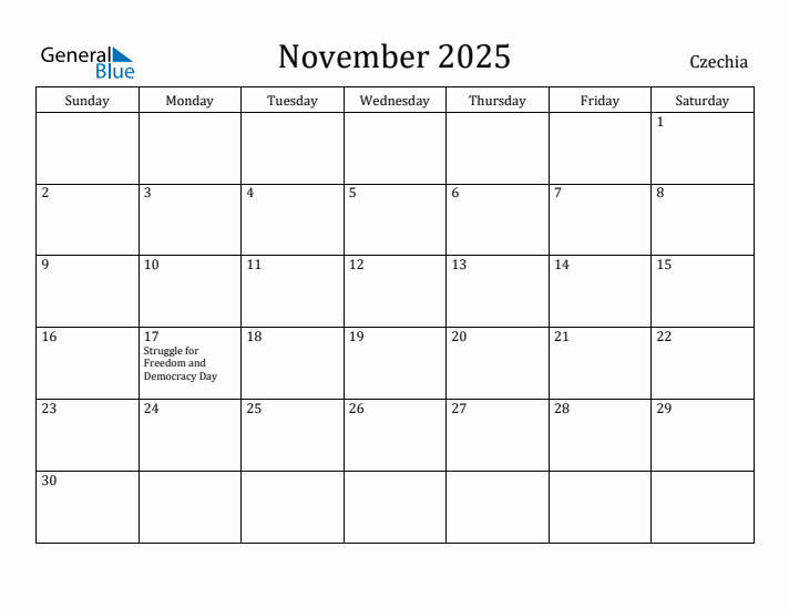 November 2025 Calendar Czechia
