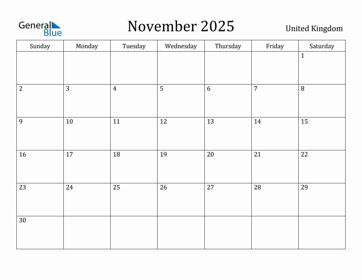 November 2025 monthly calendar with holidays in United Kingdom