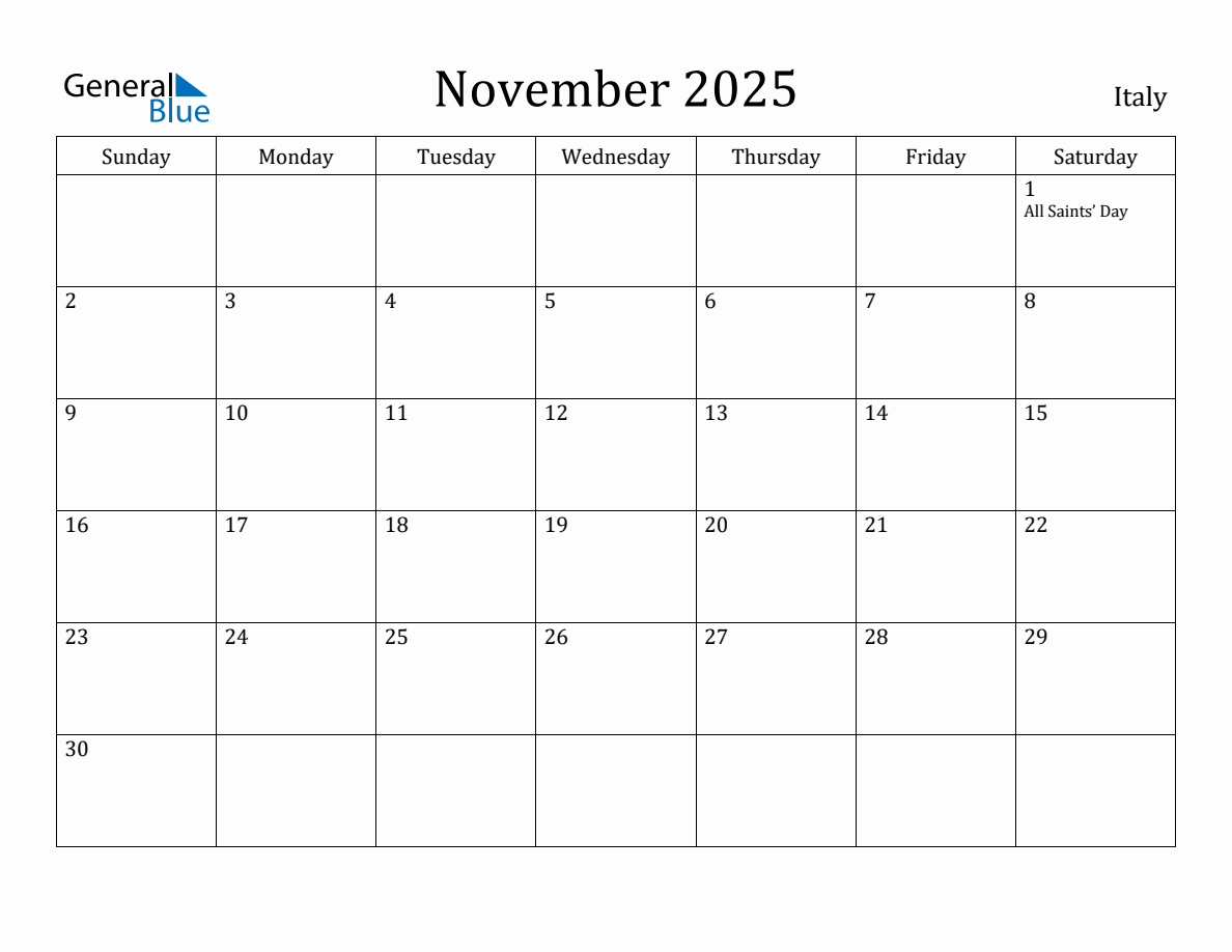 November 2025 monthly calendar with holidays in Italy