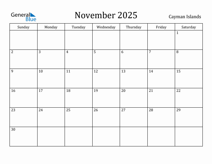November 2025 Calendar Cayman Islands