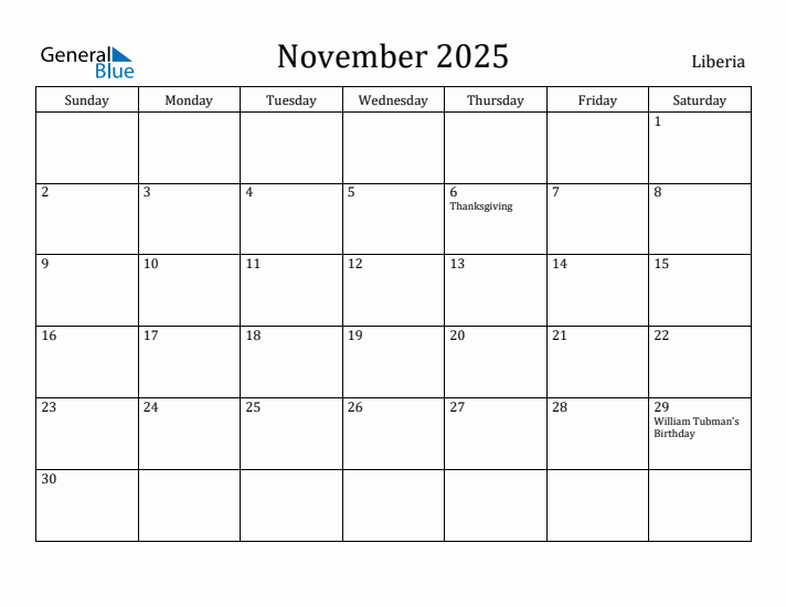November 2025 Calendar Liberia