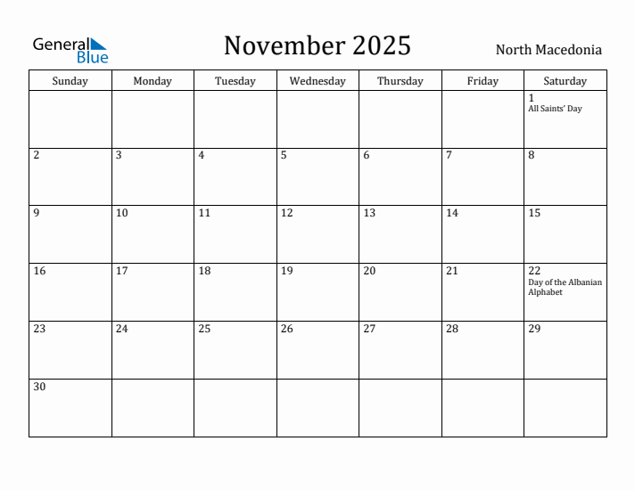 November 2025 Calendar North Macedonia