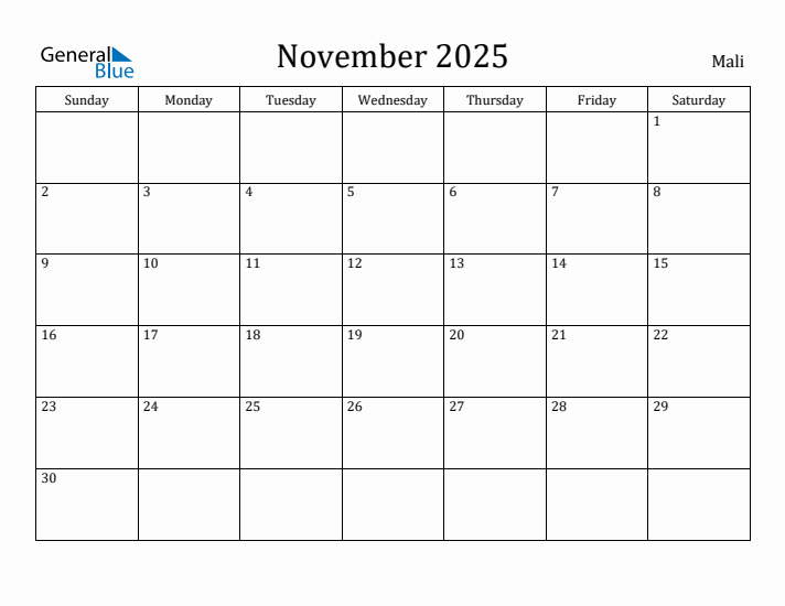 November 2025 Calendar Mali
