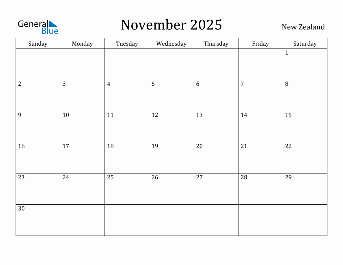 November 2025 monthly calendar with holidays in New Zealand
