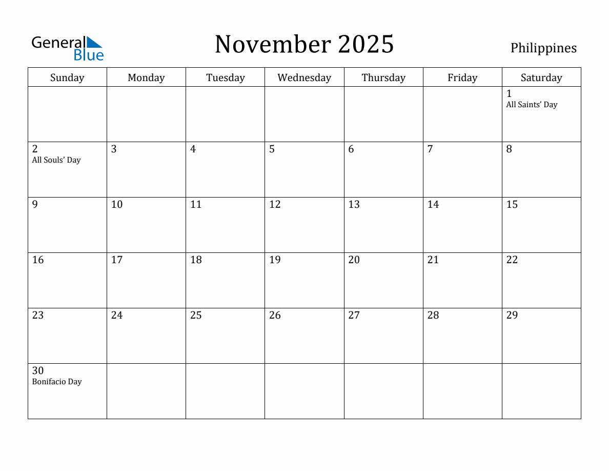 November 2025 monthly calendar with holidays in Philippines