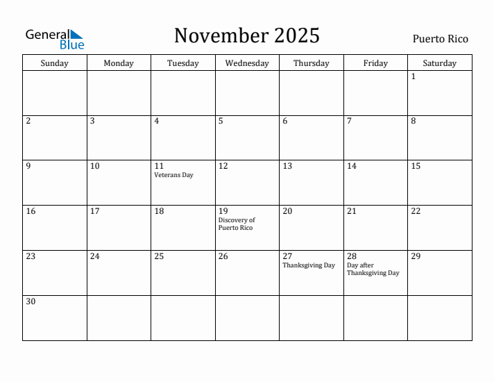 November 2025 Calendar Puerto Rico