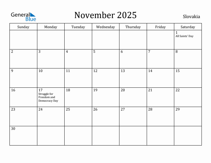November 2025 Calendar Slovakia