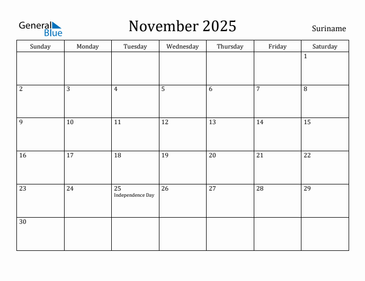 November 2025 Calendar Suriname