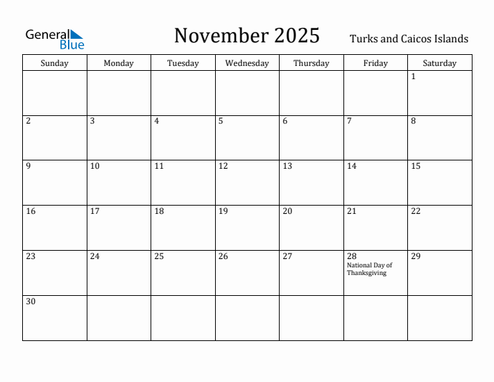 November 2025 Calendar Turks and Caicos Islands