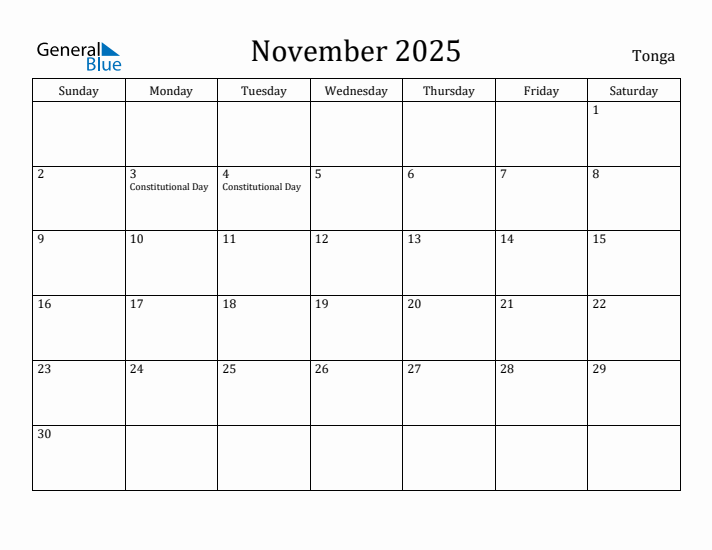 November 2025 Calendar Tonga