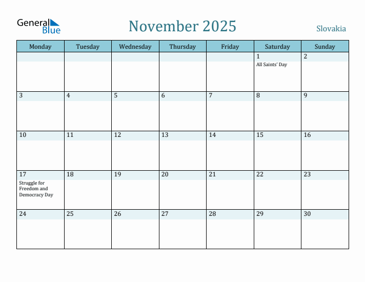 November 2025 Calendar with Holidays