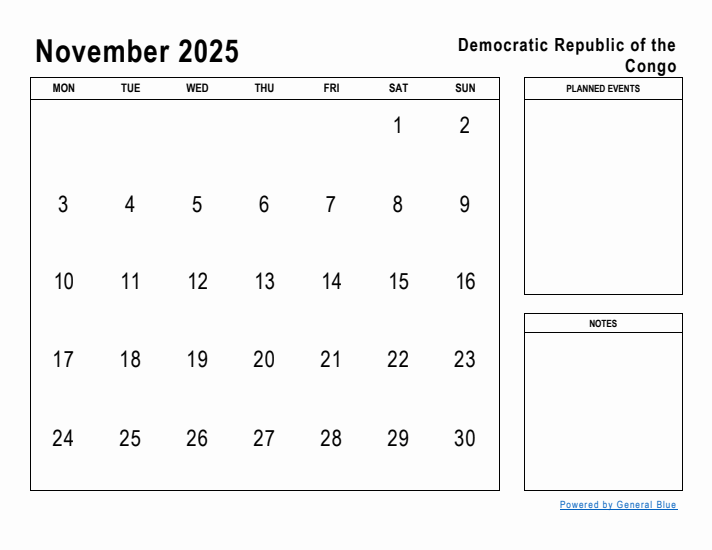 November 2025 Printable Monthly Calendar with Democratic Republic of the Congo Holidays