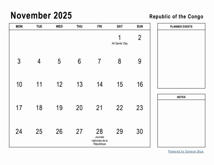 November 2025 Printable Monthly Calendar with Republic of the Congo Holidays