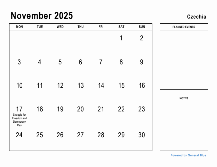 November 2025 Printable Monthly Calendar with Czechia Holidays