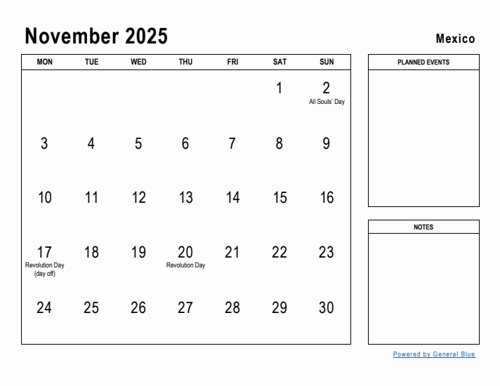 November 2025 Printable Monthly Calendar with Mexico Holidays