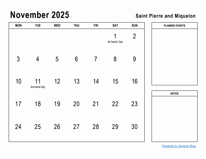 November 2025 Printable Monthly Calendar with Saint Pierre and Miquelon Holidays