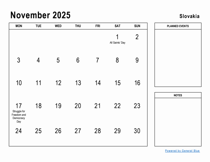 November 2025 Printable Monthly Calendar with Slovakia Holidays
