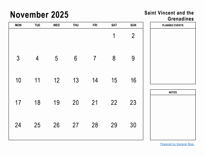 November 2025 Printable Monthly Calendar with Saint Vincent and the Grenadines Holidays