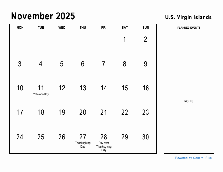 November 2025 Printable Monthly Calendar with U.S. Virgin Islands Holidays