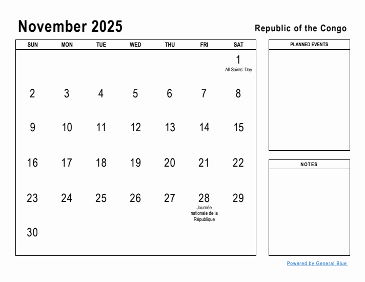 November 2025 Printable Monthly Calendar with Republic of the Congo Holidays