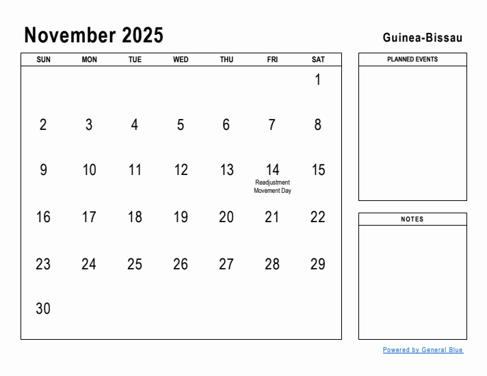 November 2025 Printable Monthly Calendar with Guinea-Bissau Holidays