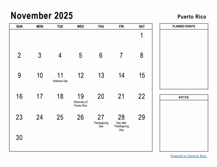 November 2025 Printable Monthly Calendar with Puerto Rico Holidays