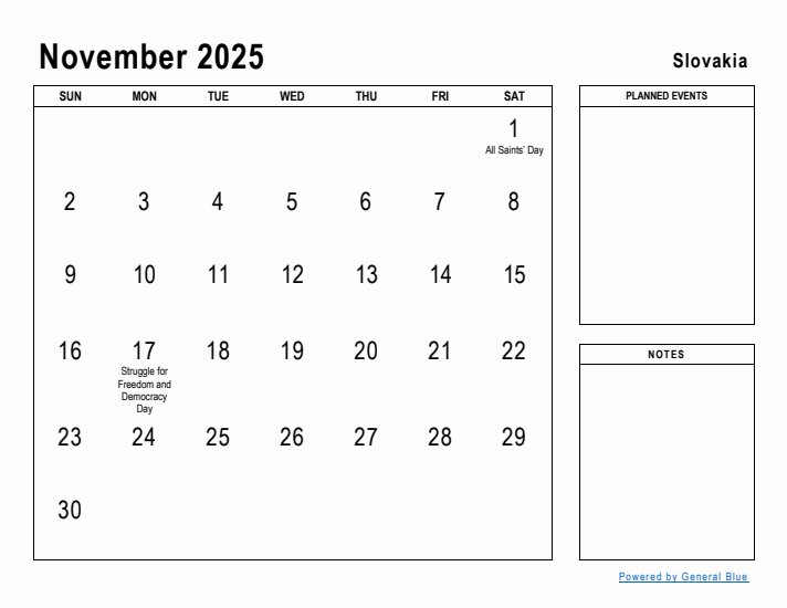 November 2025 Printable Monthly Calendar with Slovakia Holidays