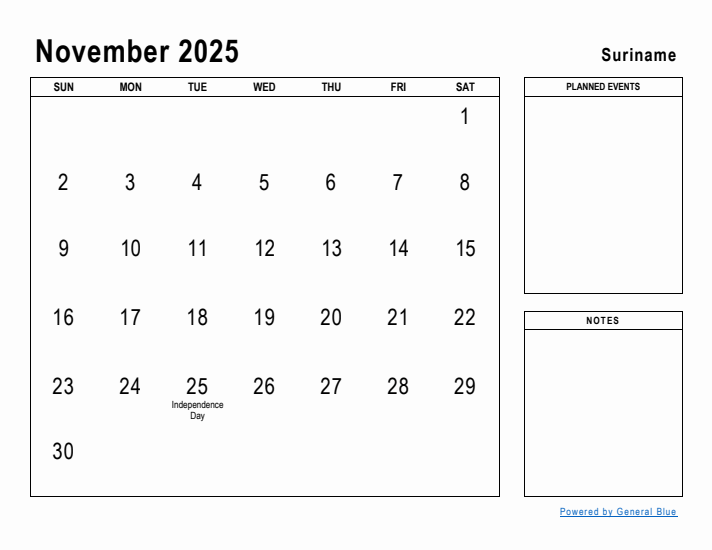 November 2025 Printable Monthly Calendar with Suriname Holidays