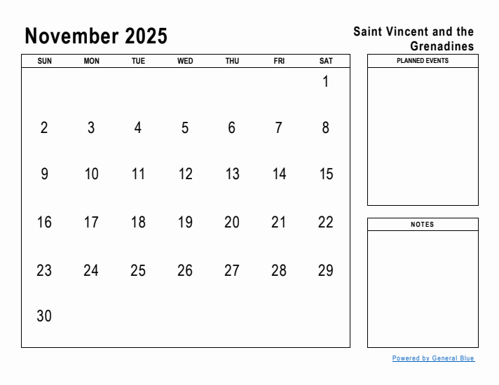 November 2025 Printable Monthly Calendar with Saint Vincent and the Grenadines Holidays