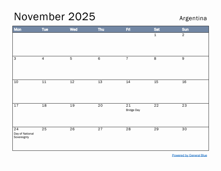 November 2025 Simple Monthly Calendar for Argentina