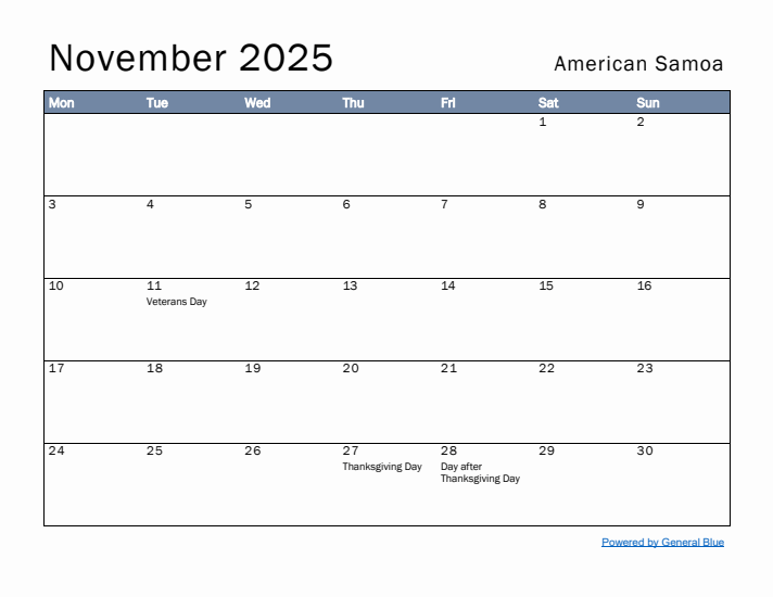 November 2025 Simple Monthly Calendar for American Samoa