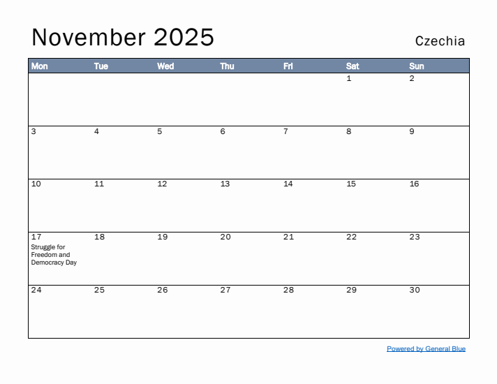 November 2025 Simple Monthly Calendar for Czechia