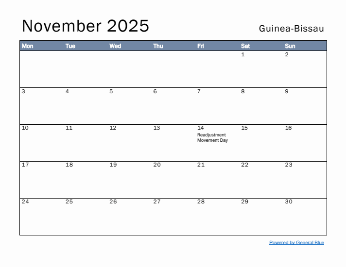 November 2025 Simple Monthly Calendar for Guinea-Bissau