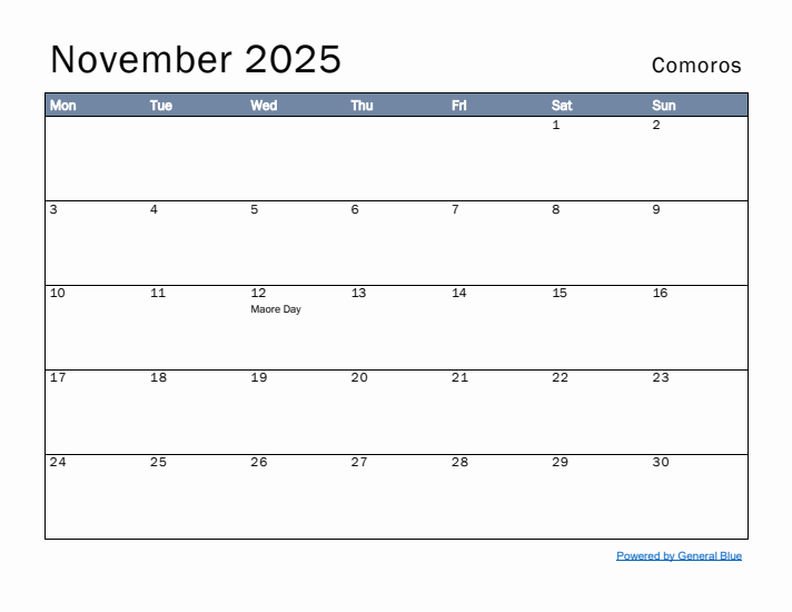 November 2025 Simple Monthly Calendar for Comoros