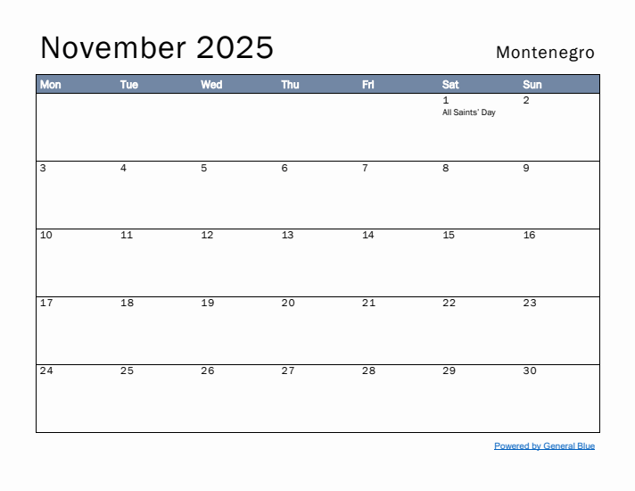 November 2025 Simple Monthly Calendar for Montenegro
