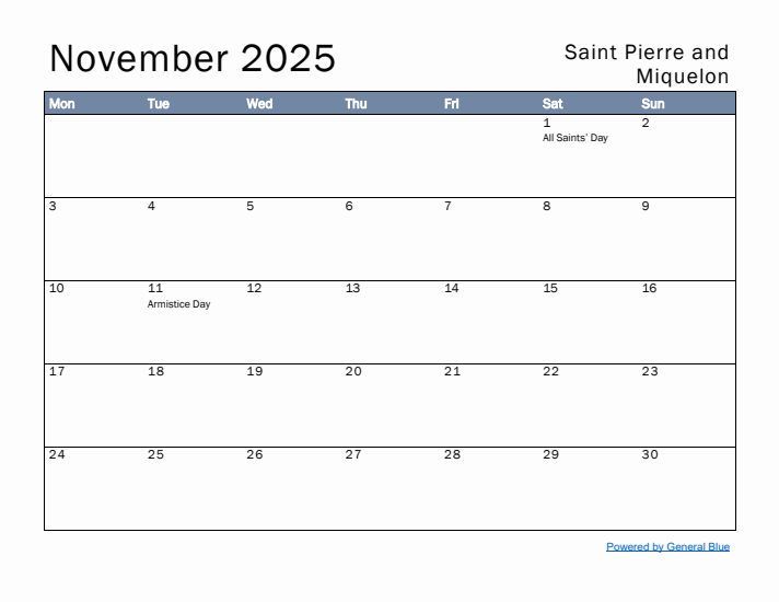 November 2025 Simple Monthly Calendar for Saint Pierre and Miquelon