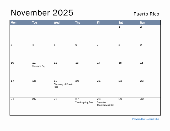 November 2025 Simple Monthly Calendar for Puerto Rico