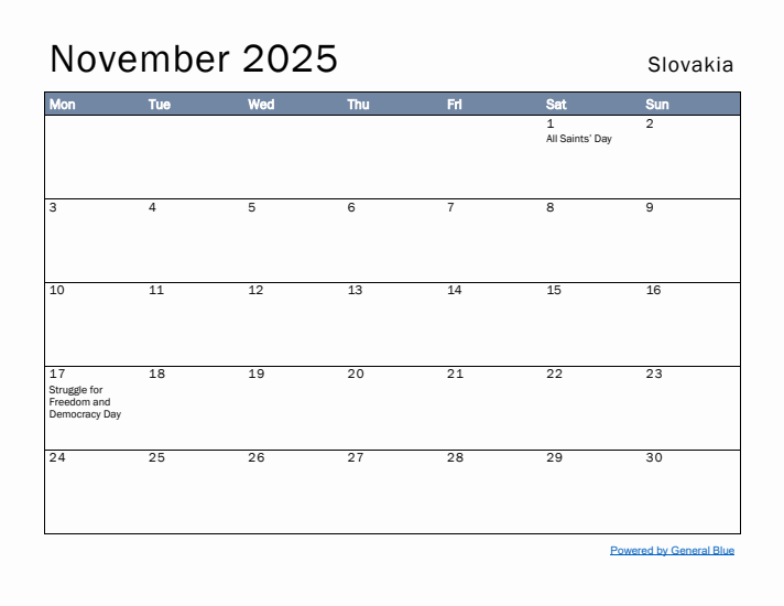 November 2025 Simple Monthly Calendar for Slovakia
