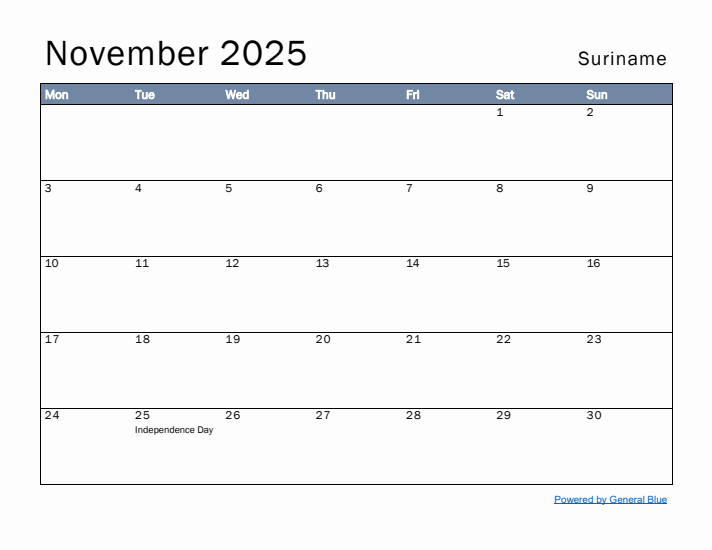 November 2025 Simple Monthly Calendar for Suriname