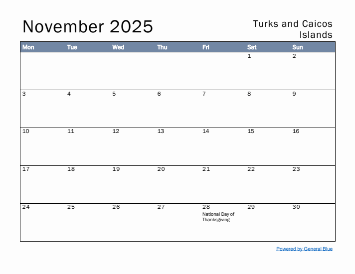 November 2025 Simple Monthly Calendar for Turks and Caicos Islands