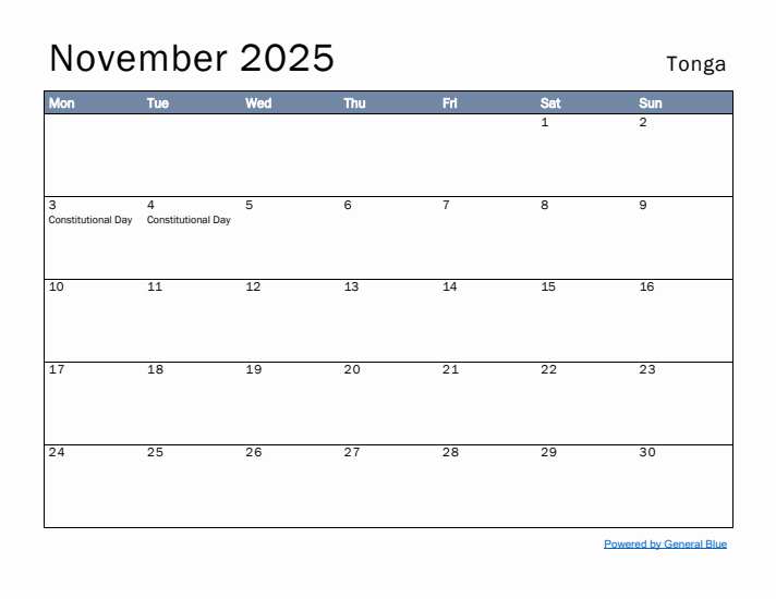 November 2025 Simple Monthly Calendar for Tonga