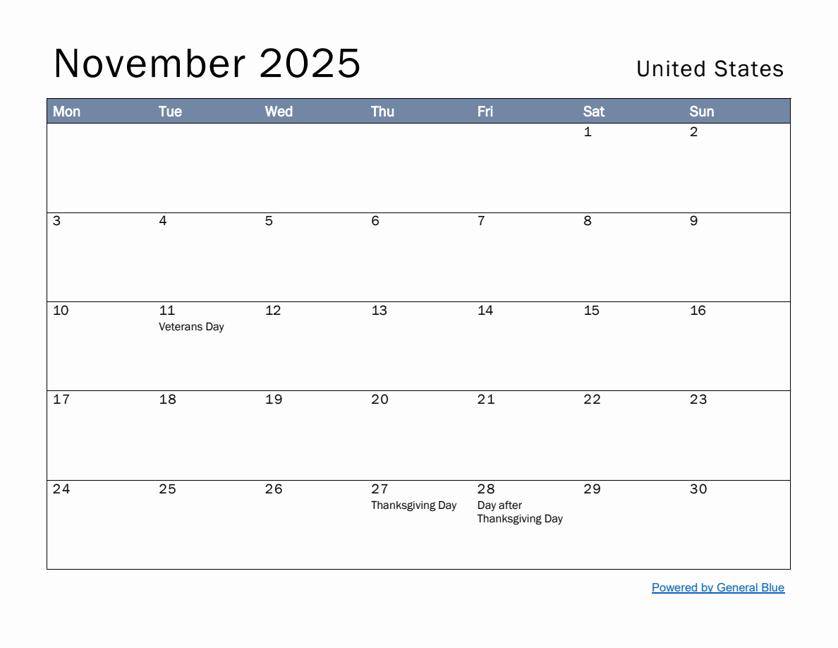 Free Monthly Calendar Template for November 2025 with United States ...