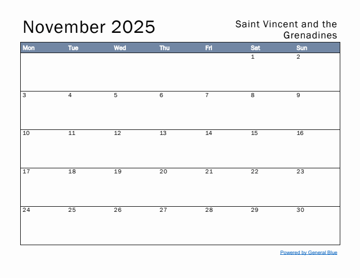 November 2025 Simple Monthly Calendar for Saint Vincent and the Grenadines
