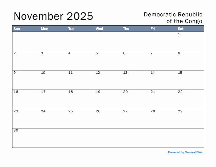 November 2025 Simple Monthly Calendar for Democratic Republic of the Congo