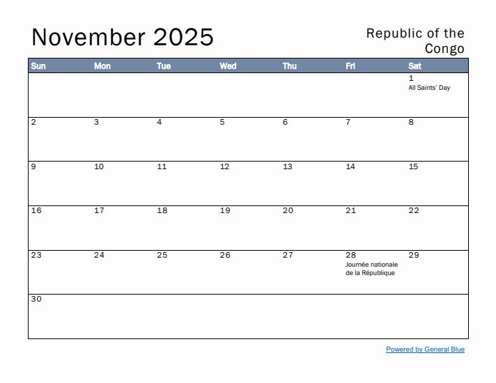 November 2025 Simple Monthly Calendar for Republic of the Congo