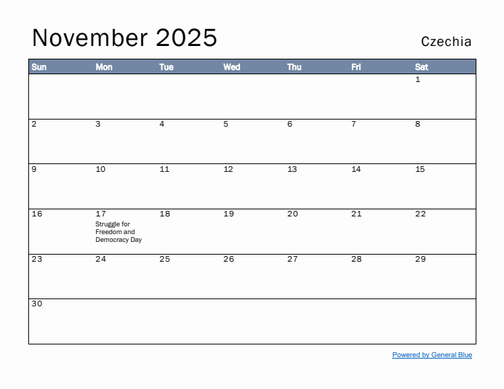 November 2025 Simple Monthly Calendar for Czechia