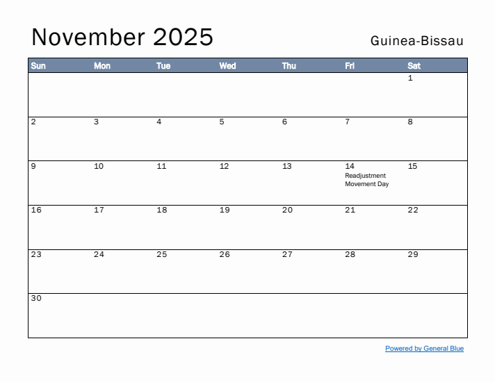 November 2025 Simple Monthly Calendar for Guinea-Bissau
