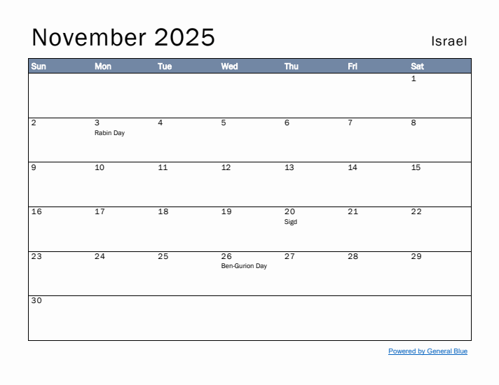 November 2025 Simple Monthly Calendar for Israel