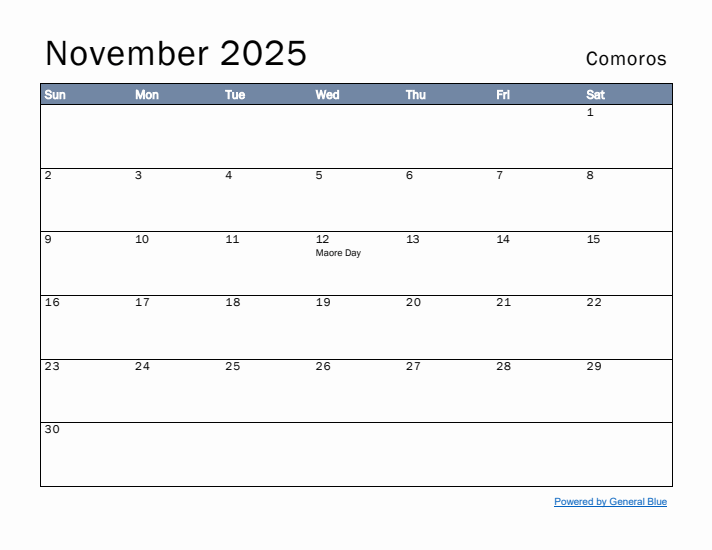 November 2025 Simple Monthly Calendar for Comoros
