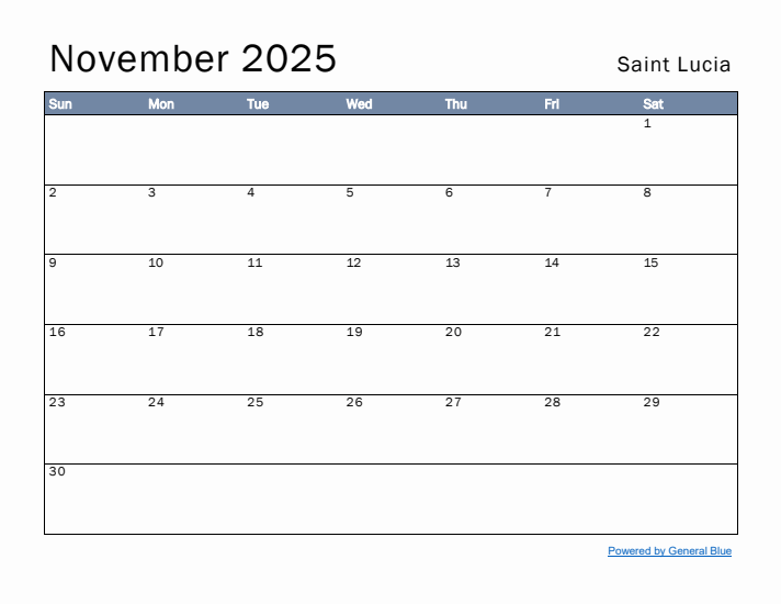 November 2025 Simple Monthly Calendar for Saint Lucia